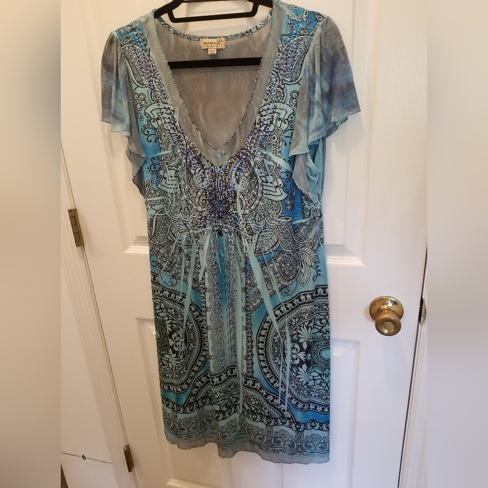 Blue Patterned V-Neck Dress
